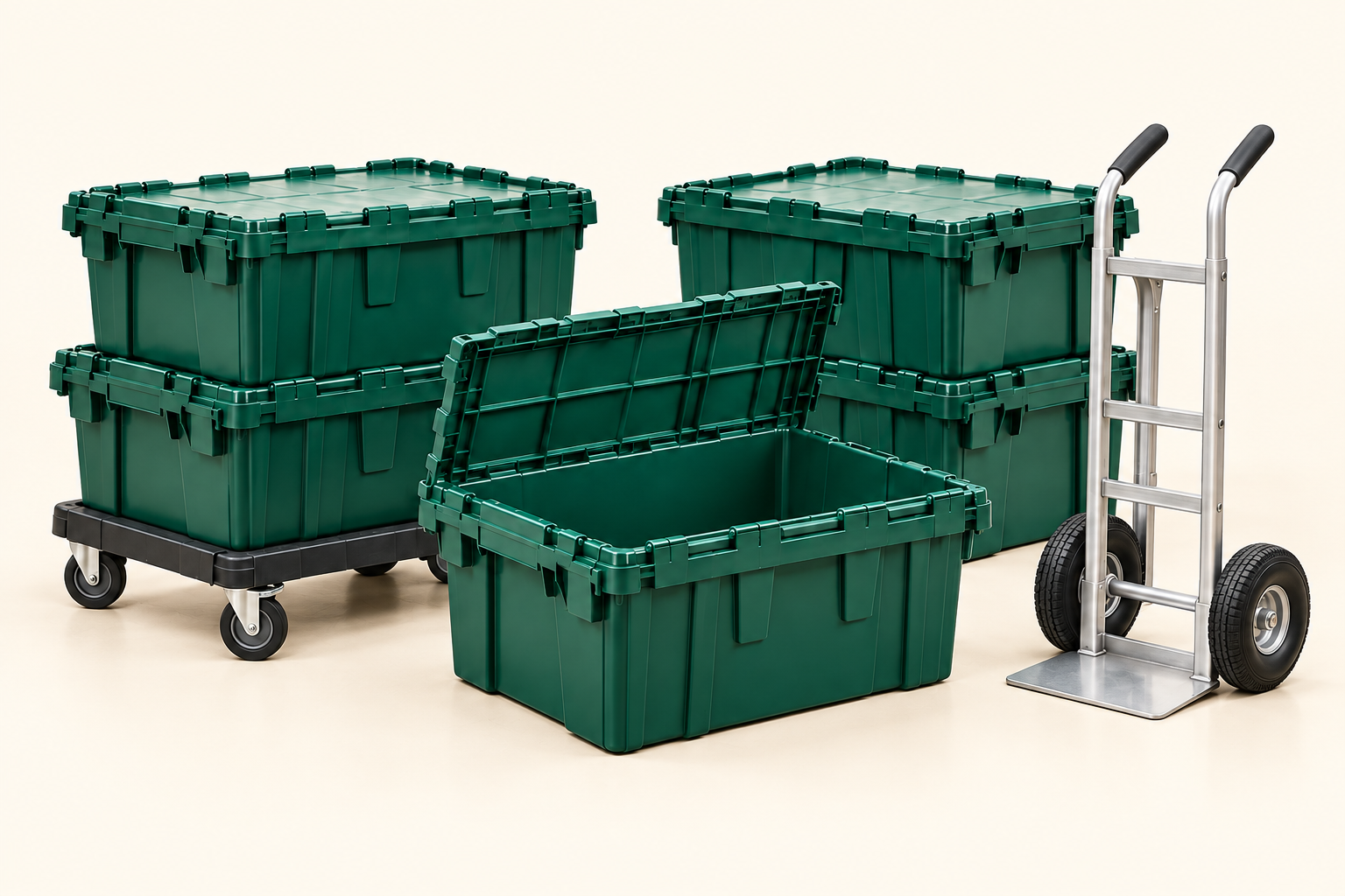 Totes on a rolling dolly alongside a hand truck